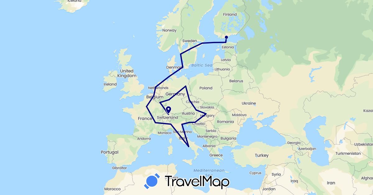 TravelMap itinerary: driving in Austria, Belgium, Switzerland, Czech Republic, Germany, Denmark, Estonia, Finland, France, Croatia, Hungary, Italy, Luxembourg, Netherlands, Sweden, Slovenia (Europe)